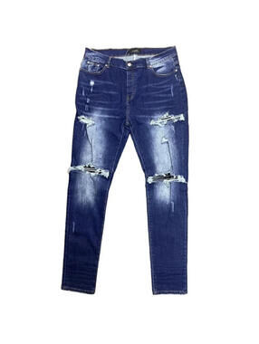 Amiri Mens MX1 Skinny Jeans Size 38 Blue Distressed Leather Patches 38x35 NWT